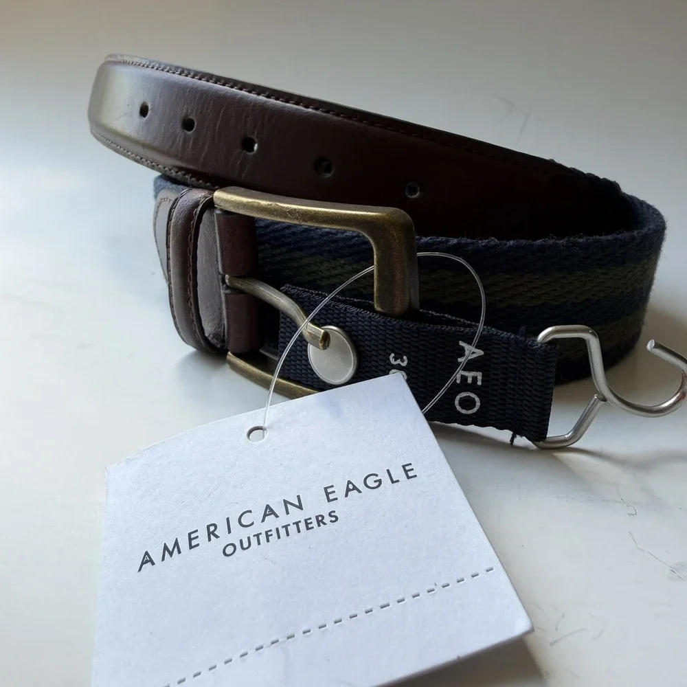 NWT American Eagle Striped Web Belt - Men's Size 30 Navy Green Preppy $29 NEW